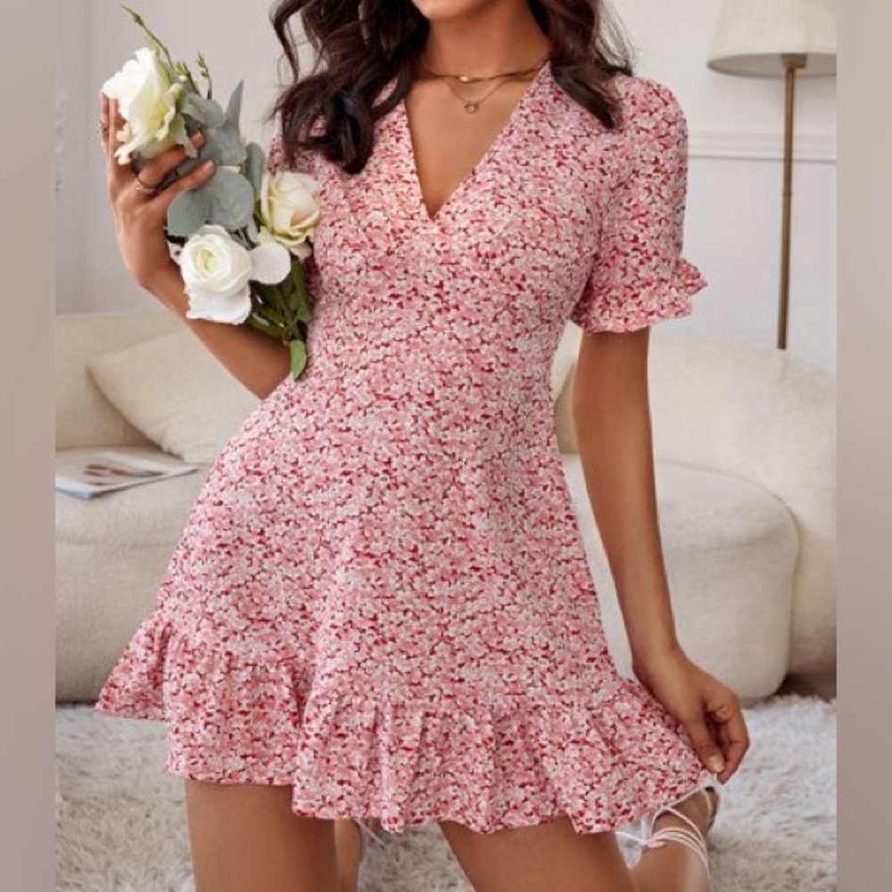 SHEIN Women’s Floral Mini Babydoll Dress Size XL Red & Pink